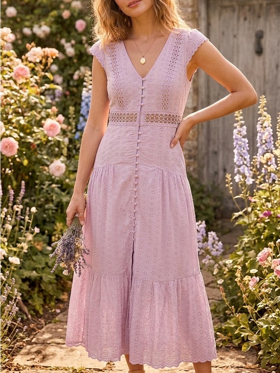 Altar'd State Dresses & Skirts - Altar'd State Lavender Eyelet Midi Dress with Button Front